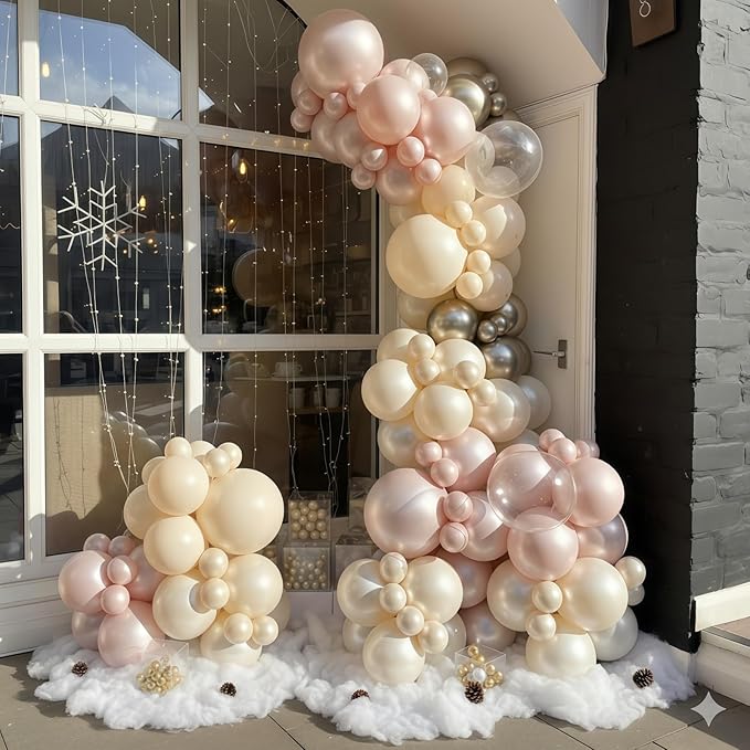 Dusty Pink and Gold Balloon, 12 Inch Double Stuffed Pearl Pastel Blush Pastel Pink Light White Metallic Gold Latex Balloons for Women Girls Birthday Baby Bridal Shower Wedding Boho Party Decorations