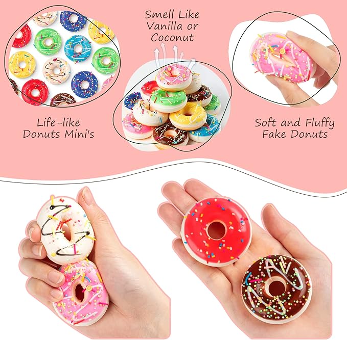 Rainbow Donut Stress Ball Artificial Donuts Stress Relief Ball Foam Mini Donut for Donut Party Favors Birthday Party Shop Decoration （8 Colors 16pcs）