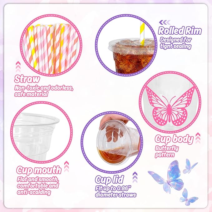Whaline 60Pcs Butterfly Disposable Plastic Cups with Lids and Straws Pink Purple Blue Butterfly Cold Beverage Drinking Cups for Wedding Birthday Baby Shower