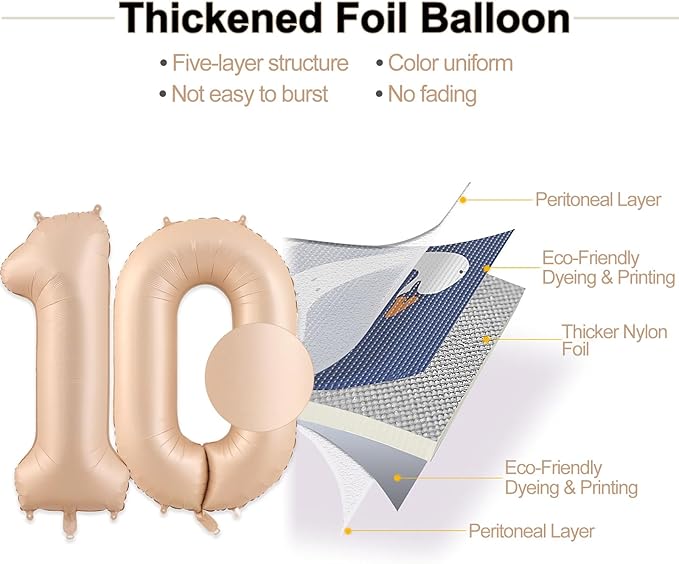 10 Balloon, Number 10 Balloon, Number Balloons 40 Inch, Beige Large Big Foil Number Balloons for Birthday Party Graduation Wedding Anniversary Bachelorette Events Party Decoration Supplies