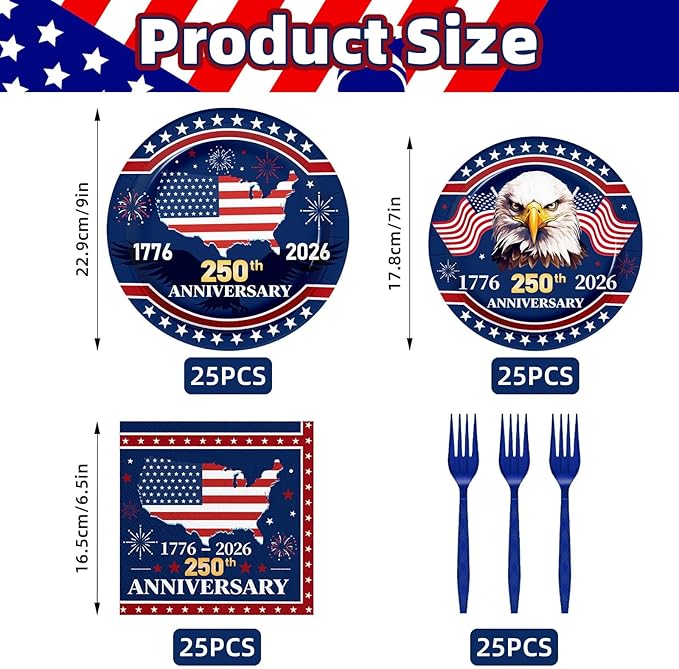 100 Pcs 250th Anniversary Party Supplies - Serves 25, Red White Blue Disposable Tableware, Includes Paper Plates, Napkins, Plastic Forks for 1776-2026 Patriotic Decor, Independence Day, 4th of July