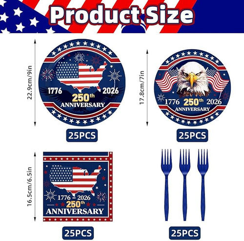 100 Pcs 250th Anniversary Party Supplies - Serves 25, Red White Blue Disposable Tableware, Includes Paper Plates, Napkins, Plastic Forks for 1776-2026 Patriotic Decor, Independence Day, 4th of July