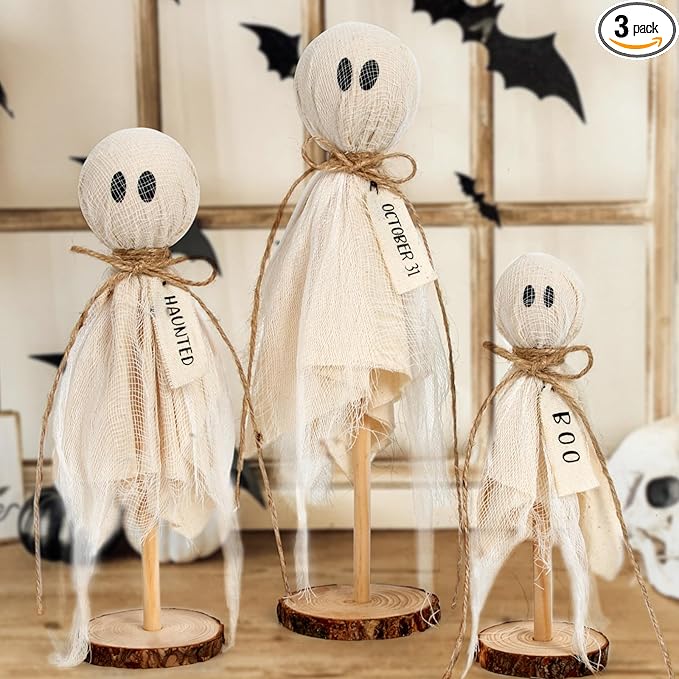 DAZONGE Halloween Decorations Indoor - Set of 3 Primitive Halloween Ghosts on Wooden Stand for Table Centerpieces, Shelves, and Mantels