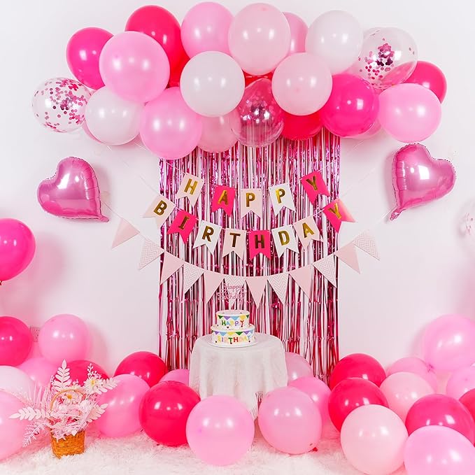 Hot Pink Birthday Decorations for Girls,Happy Birthday Banner Party Decoration Fringe Curtain Heart Foil Balloons for Women Party Decorations