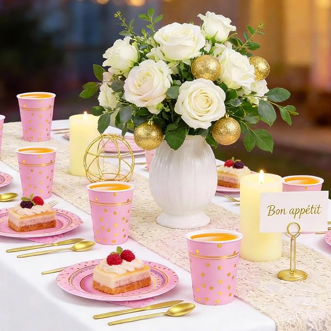 OuMuaMua Disposable Pink Paper Plates Party Supplies for 24 Guests, 168 Pcs Party Plates, Cups and Napkins with Utensils Set for Girls Birthday Baby Shower Princess Party Decor
