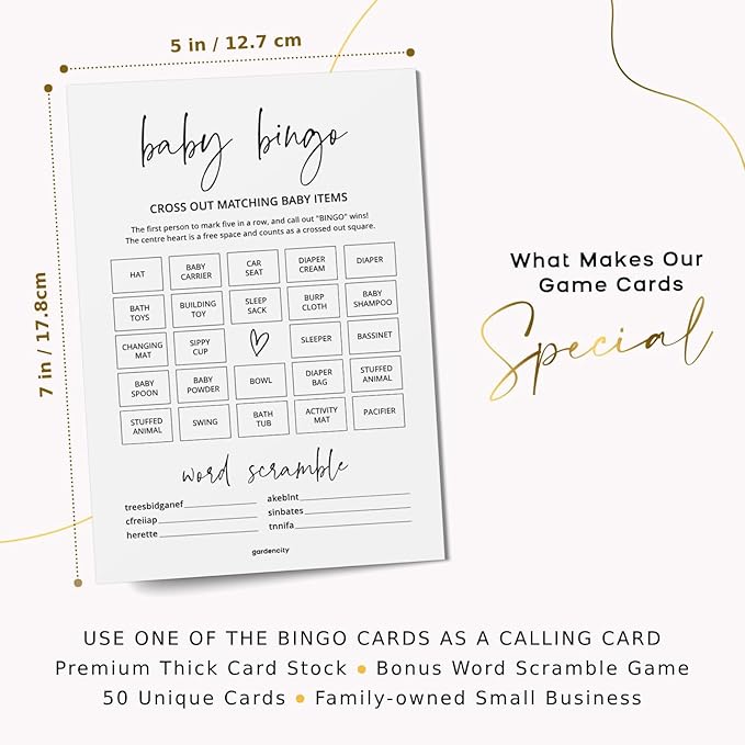 Baby Shower Bingo Game (50 Unique Cards), Pre-Filled, Baby Shower Games, Added Word Scramble - Minimalist