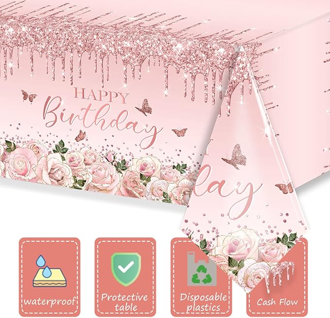 HAKOTI Pink Rose Gold Tablecloth Decoration - 3 PCS Happy Birthday Tablecloth Disposable Plastic Sequin Tablecloth Girls Birthday Wedding Party Tablecloths for 50th 60th 70th 80th Men or Women
