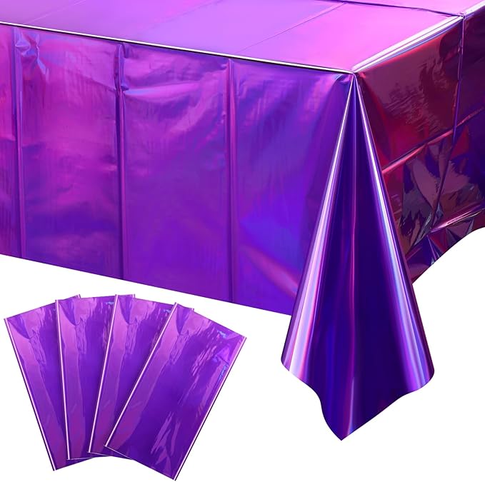 FunnyPars 4 Pack Iridescent Purple Plastic Tablecloths, Shiny Disposable Laser Rectangle Table Covers, Foil Tablecloth Iridescent Party Decorations for Kpop Birthday Bridal Wedding Decor, 54x108 Inch