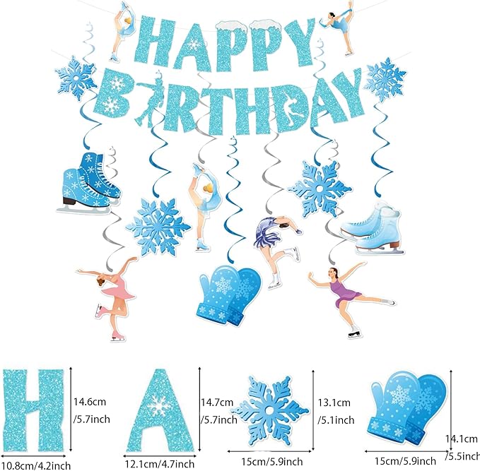 Zwiebeco Ice Skating Happy Birthday Banner Bunting Hanging Paper Swirls Garland Party Decorations for Baby Shower Winter Snowflake Themed Snow Princess Girls Women Bday Decor Accessories Supplies