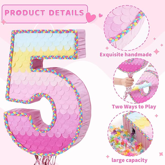 WERNNSAI Pink Sweet Five Piñata - Number 5 Piñata Happy Birthday Decoration Pink Rainbow Design Party Games for Girl Princess Baby Shower Party Favor with Blindfold Anniversary Celebration Supplies