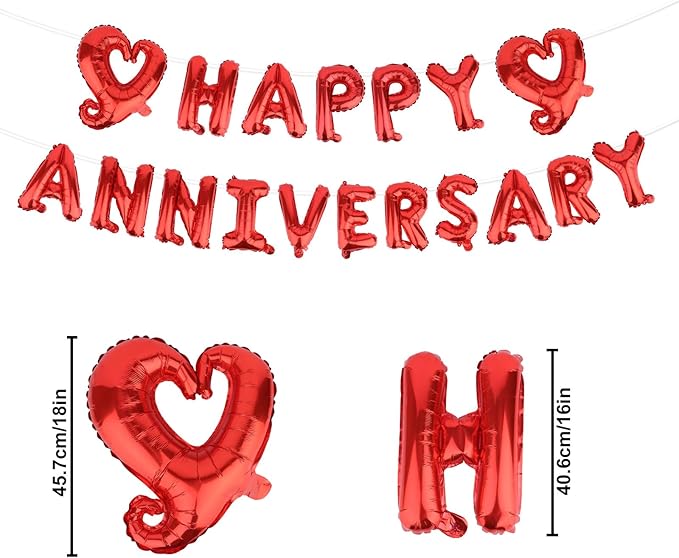 Happy Anniversary Balloon Banner, Red Foil Letter Balloons Sign with Heart Romantic Hanging Decoration for Women Men Couples Lovers Partners Wedding Ceremony Anniversary Party Supplies Gift