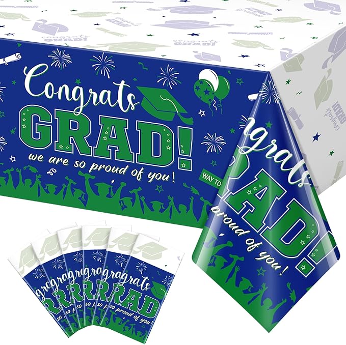 6 Pack Graduation Tablecloth Party Decorations, Class of 2026 Congrats Grad Plastic Tablecover Party Supplies, Blue and Green Rectangle Graduation Table Decor for College High School Party, 54x108Inch