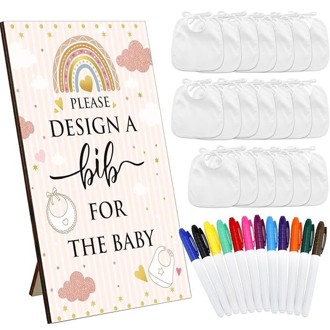 Panitay 43 Pcs Baby Shower Games White Bibs Design, Include Wooden Baby Shower Game Sign, 30 DIY Blank White Bibs, 12 Markers for Gender Reveal Party Decorating Supplies(Boho)