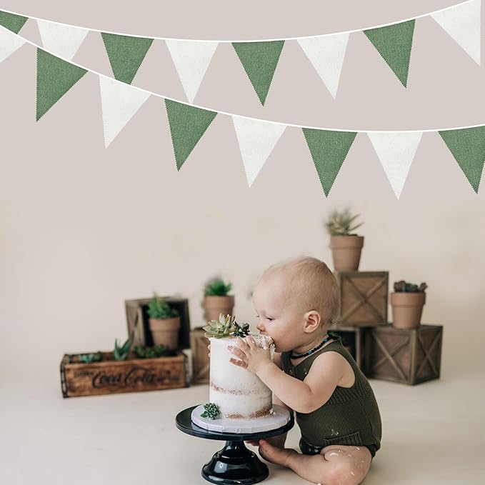 46Ft Green White Party Decorations Sage Green White Burlap Banner Triangle Pennant Flag Linen Bunting Garland Streamers for Jungle Safari Birthday Wedding Golf Baby Shower Summer Party Decorations
