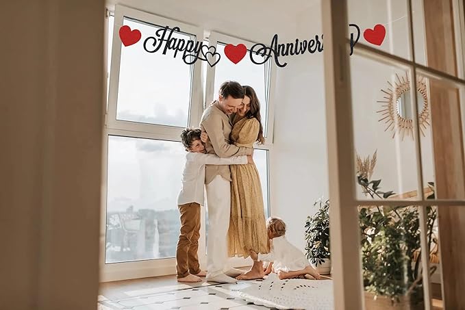 Pre-Strung Happy Anniversary Banner - Black Glitter Decorations, Perfect for Wedding & Work Anniversary Parties, Photo Booth Props