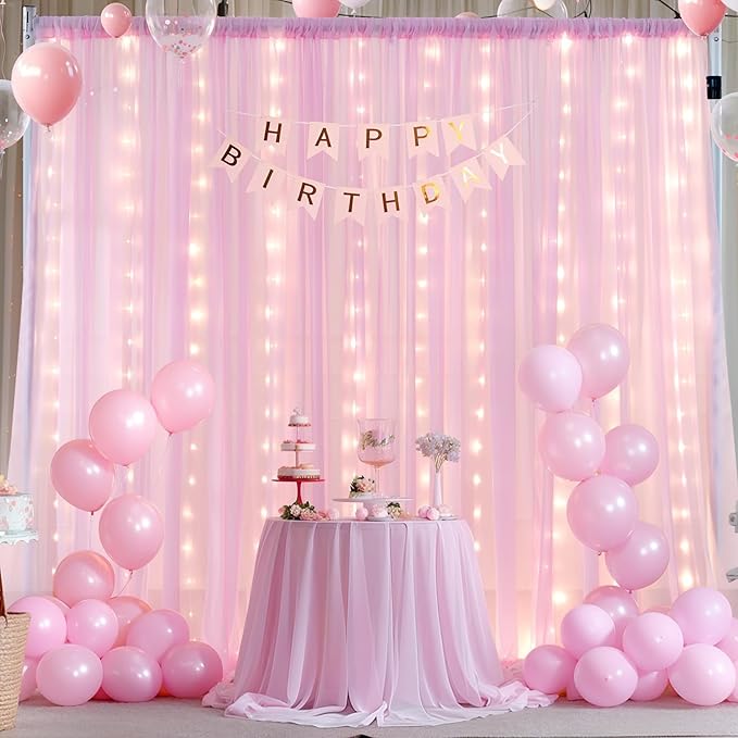 10x10ft Pink Chiffon Backdrop Curtain with Lights String for Wedding Sheer Tulle Curtain Photo Backdrops Drapes for Baby Shower Birthday Party Home Ceremony Decorations