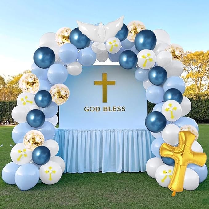 132Pcs First Holy Communion Blue Balloon Garland Arch Kit God Bless Baptism Party Decoration Christian Religious Decor Cross Dove Balloon Girl Mi Bautizo Christening Birthday Baby Shower Party Supplie