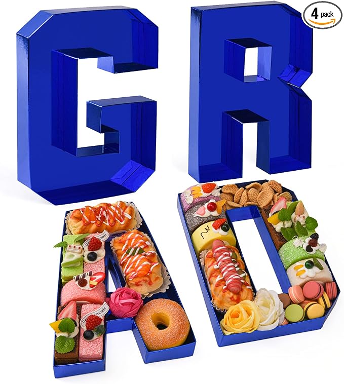 GRAD Set Cardboard Letter for Charcuterie 10.2'' Blue Grad Fillable Tray Charcuterie Paper Box for Graduation Party Decorations Chocolate Candy Cupcake Container