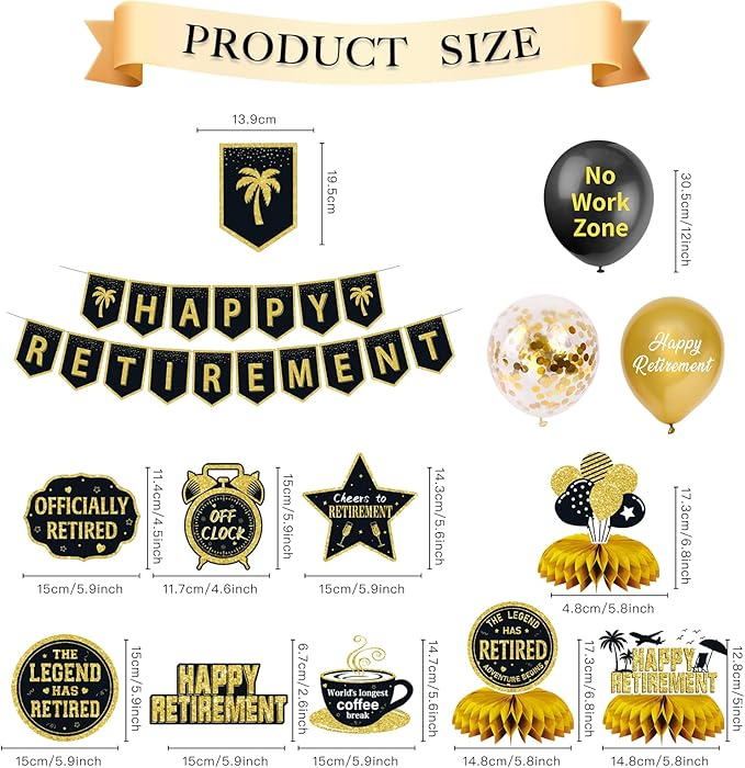 25Pcs Retirement Party Decorations for Men Women, Black Gold Happy Retirement Banner Balloons Party Supplies, The Legend Has Retired Farewell Theme Honeycomb Centerpiece Swirl Decor