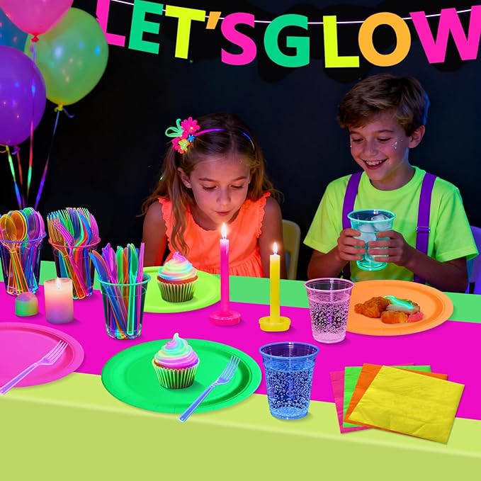 Glow in the Dark Party Supplies, Including Colorful Plates Napkins Tablecloth Banner and Dinnerware for Let's Glow Neon Party Decorations, Serves 20