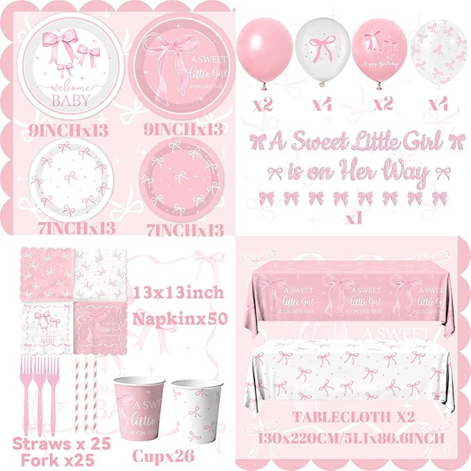 Pink Bow Baby Shower Decorations for Girl - Bow Party Tableware Include Plates,Napkins,Banner A Sweet Little Girl is on Her Way Decorations for Welcome Baby Girl,Bow Coquette Birthday Party Serve 25