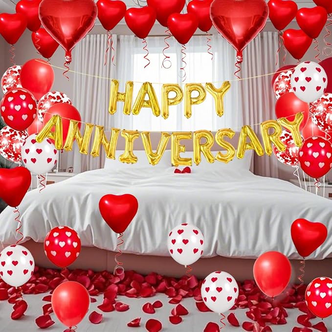 Happy Anniversary Decorations - 118PCS Anniversary Party Decorations Kit with 16" Happy Anniversary Letter Balloons 1000PCS Red Silk Rose Petals, Balloon Arch Garland, Red Heart Balloons