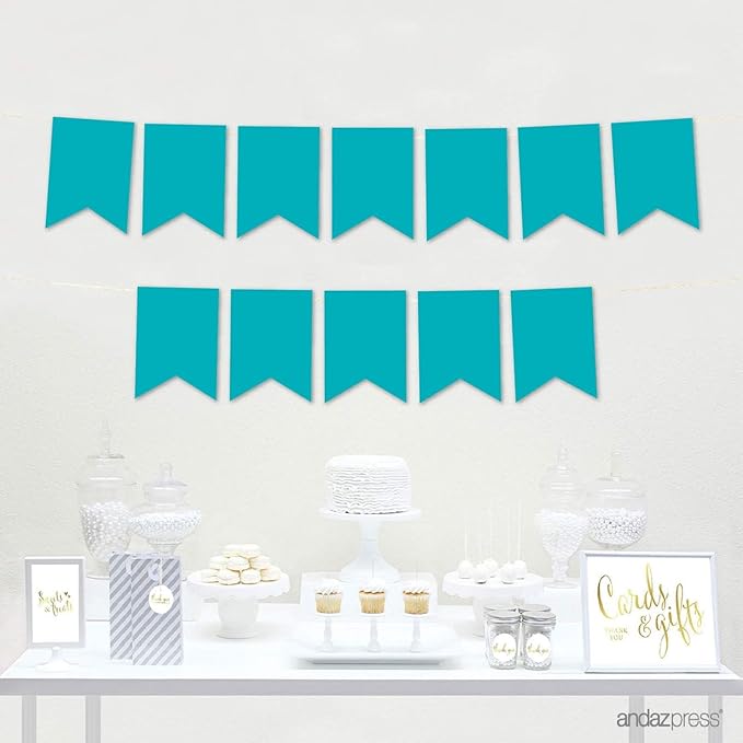 Andaz Press Hanging Pennant Banner with String, Aqua Turquoise, 1-Set, 24 Pennants, Approx. 12-Feet Long