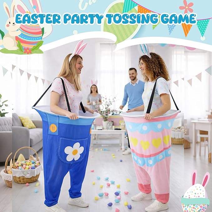 2 Sets Easter Granny Pants Outdoor Games, Giant Granny Cute Pants with Egg Balls & Bunny Ear Headbands, Funny Spring Yard Tossing Game for Adults Family Party Gathering (Cute Style)