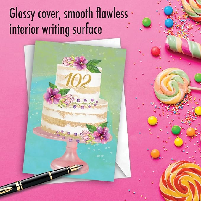 NobleWorks 102th Milestone Birthday Greeting Card with 5 x 7 Inch Envelope (1 Card) Number Cake 102 C10110MBG