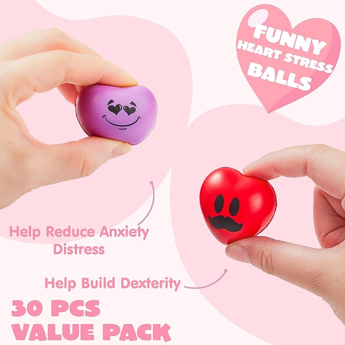 JOYIN 30 PCS Valentine's Day Heart Stress Balls 1.5"x1.5" for Kids, Squishy Toys Slow Rising for School Carnival Reward, Party Present Fillers, Gifts, Relieve Stress Toys