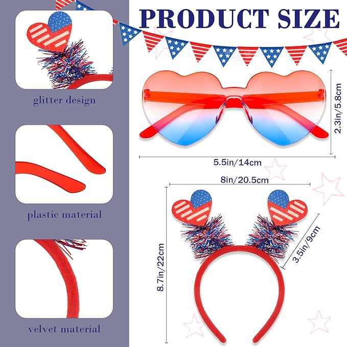 Semato 2 PCS Patriotic Party Accessories Heart 4th of July Headband and Red White Blue Heart Sunglasses