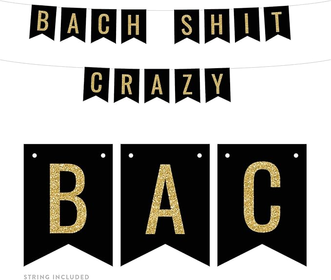 Andaz Press Faux Gold Glitter on Black Bridal Shower Bachelorette Party Banner Decorations, Bach Shit Crazy, Approx 5-Feet, 1-Set, Colored Hanging Pennant Decor