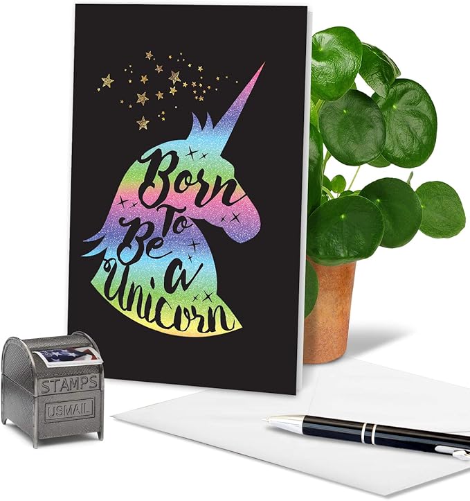 The Best Card Company - 1 Happy Birthday Card with Envelope - Adorable Colorful Animals, Fun Notecard - Horns and Unicorns C6826CBDG