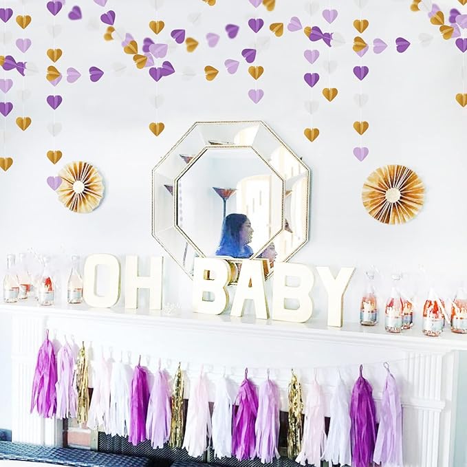 Purple-Gold Party-Decorations 3D Heart Garland - 39Ft White Purple Lavender Graduation Hanging Paper Streamers Banner, Women Birthday Wedding Engagement Baby Bridal Shower Decor Ouruola