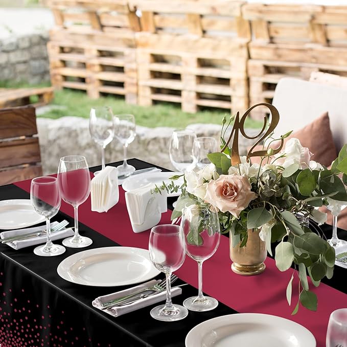 1Pcs Black and Maroon Tablecloth Party Decorations,Plastic Black Table Cloth Printed Maroon Table Runner Disposable Rectangle Table Cover for Birthday Wedding Graduation Anniversary Party,54x108Inch