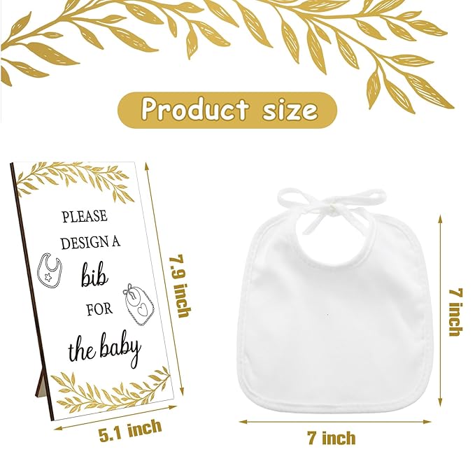 Panitay 43 Pcs Baby Shower Games White Bibs Design, Include Wooden Baby Shower Game Sign, 30 DIY Blank White Bibs, 12 Markers for Gender Reveal Party Decorating Supplies(Golden Leaf)