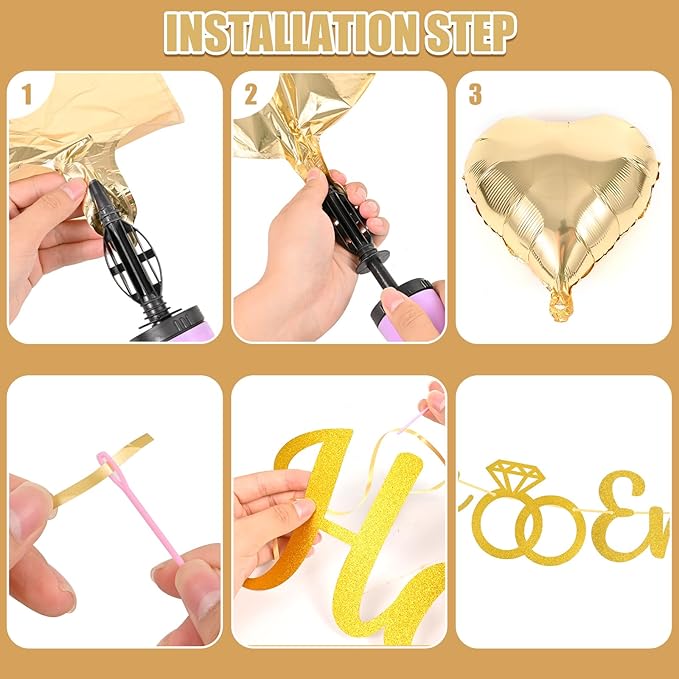 Engagement Party Decorations - Gold Engagement Congratulations Decor, HAPPY ENGAGEMENT Banner, Thickened ECO Ring Balloon Kit with Photo Timeline Banner, Heart Streamers Garlands
