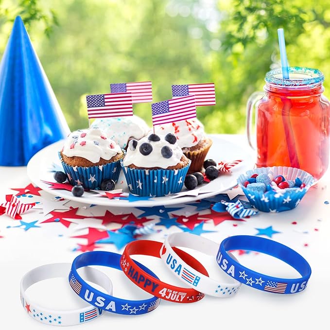 Lewtemi 30 Pieces 4th of July Party Favors USA Silicone Bracelet Patriotic American Flag Red White and Blue Rubber Wristband for Independence Day Decorations Fourth of July Party Accessories Gift