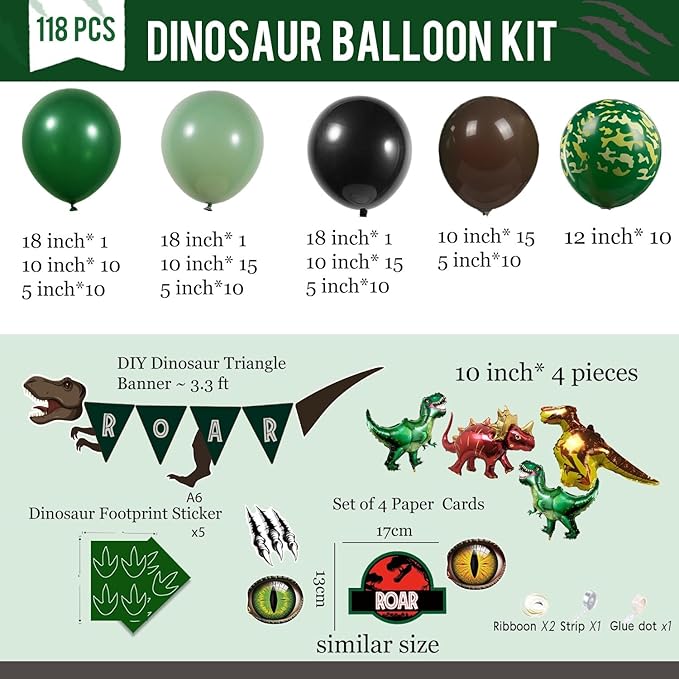 Dinosaur Birthday Party Decorations hunter Green black brown balloon arch kit with mini dino Foil balloons ROAR Banner Dinosaur eye stickers for jungle adventure Boy Scouts three rex Jurassic Supplies