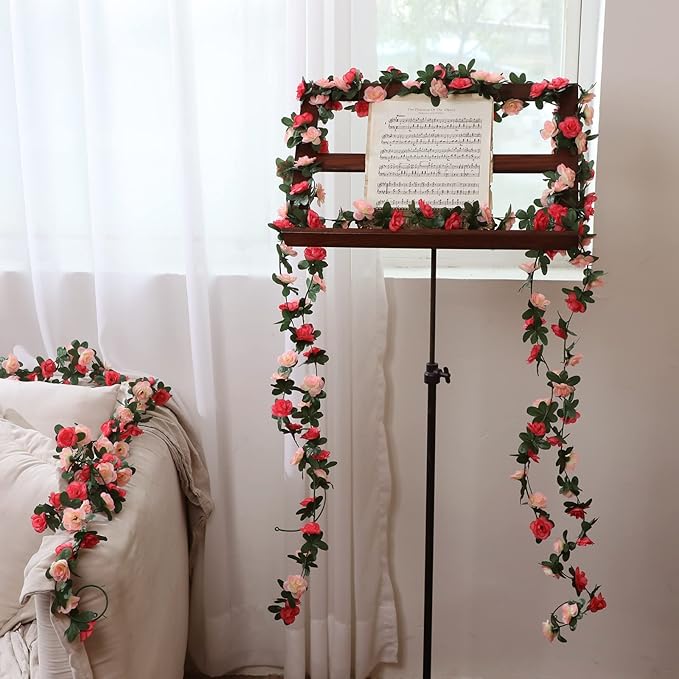 MARTINE MALL Flower Garland Rose Vines, 2 Strands 16.5Ft Flowers Vines for Bedroom with 16.5 Ft/50 LED String Lights, Hanging Flower Vines Floral Garland Decorations for Room Table Wedding Decor