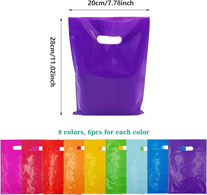 PPXMEEUDC 54PCS Plastic Handle Bag Plastic Party Favor Bags Party Gift Bags for Birthday Party Gift Shop Retail Bag Halloween Christmas Thanksgiving Candy Cookies Dessert
