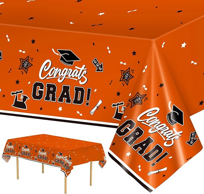 2 Pack Orange Graduation Tablecloth - Congrats Grad Table Cloths, Plastic Disposable Rectangle Class of 2026 Table Cover for Graduation Tables Decorations Party Decor Supplies Favors,108 x 54 Inch