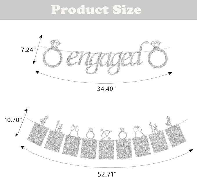 Engagement Wedding Decorations - Silver Engaged Banner and Photo Banner for Party Decor