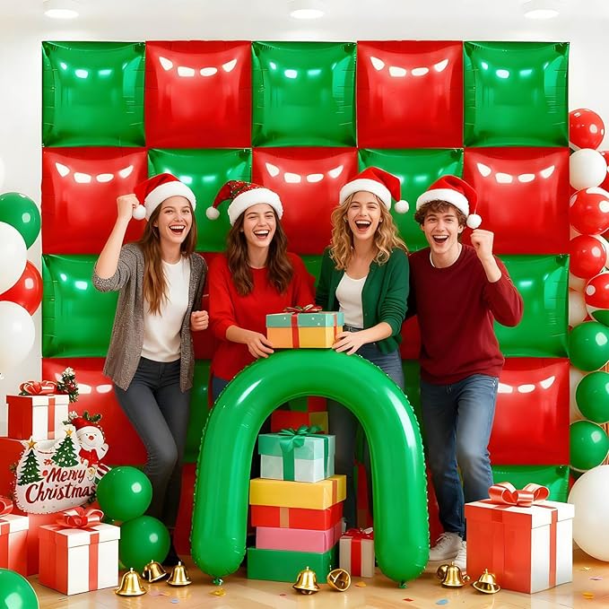 50Pcs Red and Green Square Foil Balloons Wall Backdrop, Double Sided Metallic Foil Balloons Tunnel Arch Garland Kit for Photo Booth Birthday Wedding Halloween Christmas Party Decorations