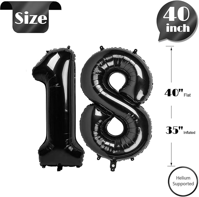 Black Number 18 Balloon 40 inch, 18 Number Balloons, 18th Black Birthday Decorations, 18 Year Old Girls Boys Party Supplies