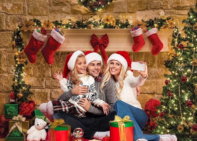 CYLYH 8x6ft Christmas Fireplace Theme Backdrop Christmas Backdrops for Photography Tree Sock Decorations for Xmas Party Supplies Photo Background
