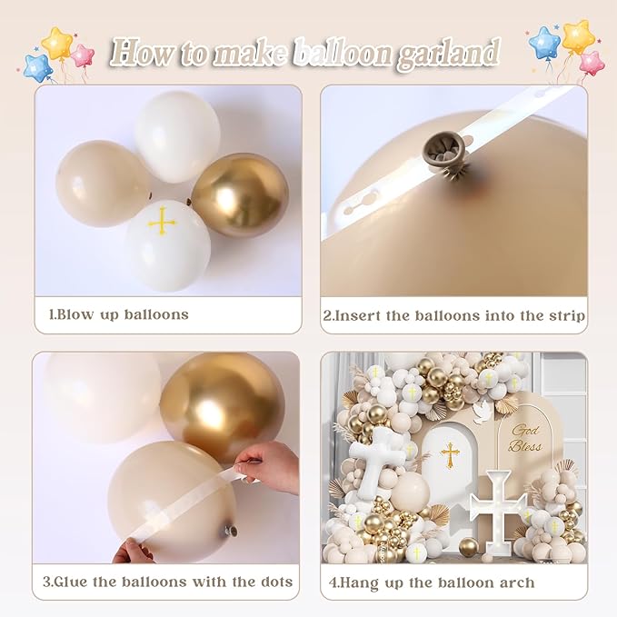 Baptism Theme Party Decorations Balloons Kit,146 Pcs White Sand Gold Matte Neutral Nude Balloons Arch for First Holy Communion Decorations God Bless Christening Party Birthday Supplies
