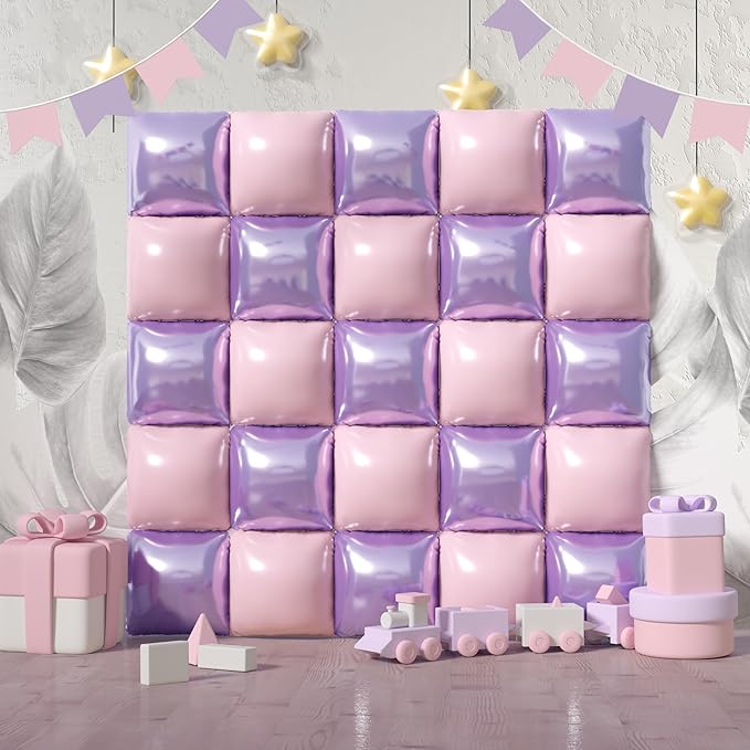 Square Foil Pastel Pink and Purple Balloon Wall Backdrop Tunnel Flat Double Sided Mylar Balloon Arch Garland Kit For Oh Baby Shower Birthday Bridal Princess Wedding Themed Party Decorations