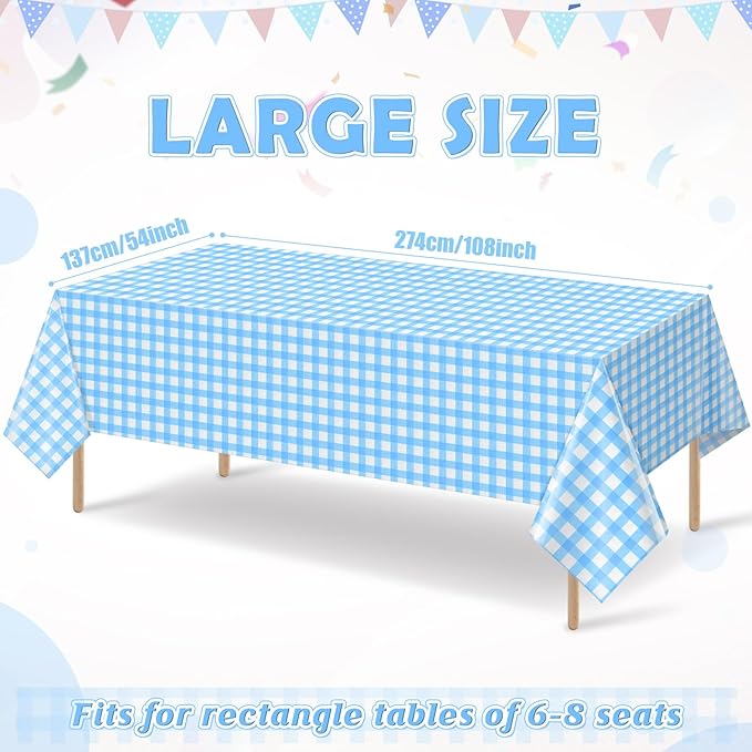 6pcs 54X108inch Light Blue Checkered Tablecloth,Blue Gingham Tablecloths Buffalo Plaid Disposable Plastic Table Covers for Birthday Baby Shower Bridal Wedding Party Birthday Decorations