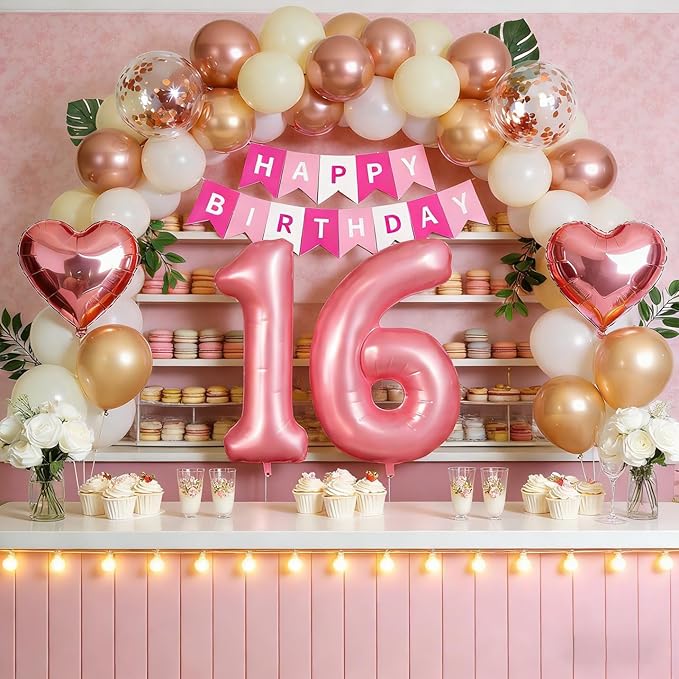 16th Birthday Decorations for Girls, Rose Gold and Hot Pink Sweet 16 Party Supplies with Happy Birthday Banner, Number 16 Balloon and Foil Fringe Curtains